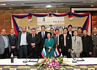 On November 19, 2012, the Thai-Russian Safety Conference was held at the Royal Cliff Hotels Group in Pattaya, Thailand which also serves as the official location of the Honorary Consul of The Russian Federation in Pattaya. (L to R) Athapol Vannakit, Director of TAT Pattaya Office; Vladimir Romanov, Acting Trade Representative of the Russian Federation to Thailand; Roman Bobylev, Head of the Working Group on Tourists Protection Abroad of the Public Chamber of the Russian Federation; Dmitry Davydenko, Chairman of the Tourism Safety Commission, Public Council of the Federal Tourism Agency of the Russian Federation; Counselor Andrey Dvornikov, Head of the Consular Section, Embassy of the Russian Federation to Thailand; Evgeny Pisarevsky, Deputy Head of the Federal Tourism Agency of the Russian Federation; Panga Vathanakul, Honorary Consul of the Russian Federation to the provinces of Chonburi and Rayong, the Kingdom of Thailand; Victor Kriventsov, Deputy Honorary Consul of the Russian Federation; Dr. Prathan Surakitbovorn, Chief of Chonburi Governor’s Office; Pattaya Deputy Mayor Ronakit Ekasingh; Sanpech Supabowornsthian, Vice-President of THA Thanet Supornsahasrungsi, Committee of the Tourism Council of Thailand Pol. Lt. Col. Arun Promphan, Pattaya Tourist Police Inspector; Sinchai Wattanasartsathorn, Vice President of Pattaya Business and Tourism Association (PBTA); Pol. Lt. Col. Anek Srathongyoo, Crime Control Suppression Inspector of Pattaya City Police Station; and Phumpipat Kamolnart, Secretary of the Mayor of Pattaya.
